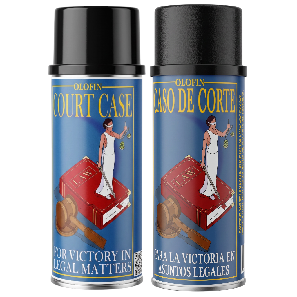 Two identical Olofin Court Case spray paint cans on a plain white background. The cans have black caps and blue labels featuring a red law book, a gavel, and a depiction of Lady Justice.
