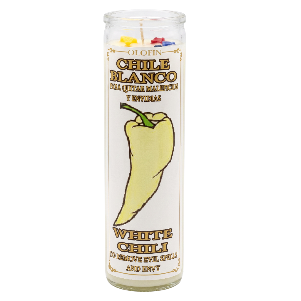 A tall glass jar candle labeled 'Olofin Chile Blanco' with a large illustration of a yellow chili pepper on a white label, shown on a plain white background.