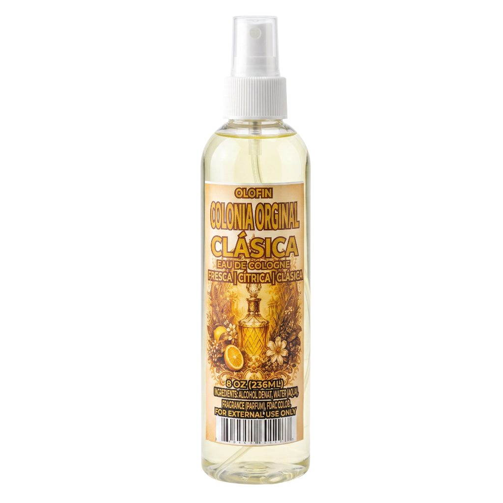 A clear plastic spray bottle of Clafin Colonia Original Clásica Eau de Toilette, filled with a pale yellow liquid, featuring a white spray nozzle and a detailed golden-yellow label with illustrations of a perfume bottle, flowers, and citrus slices.