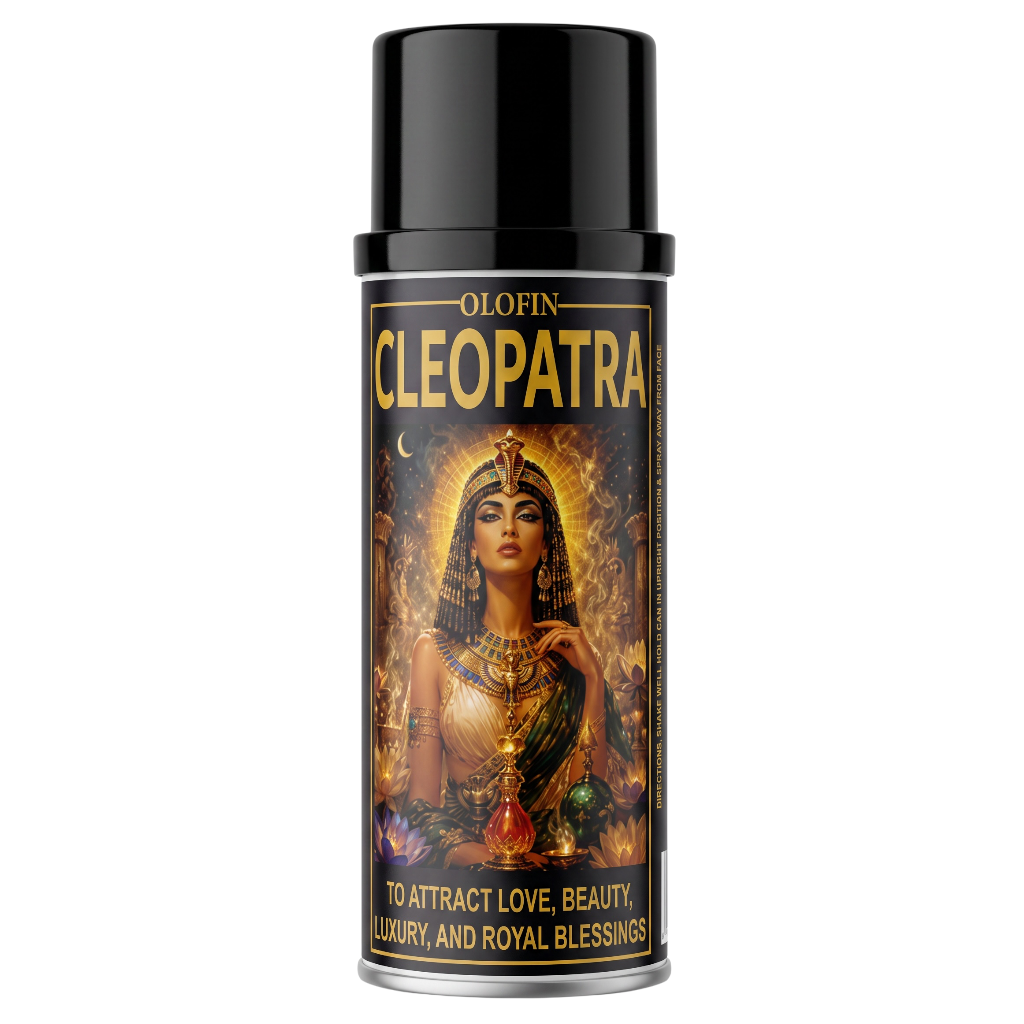 A black cylindrical spray bottle labeled OLOFIN CLEOPATRA, featuring an illustration of an Egyptian queen on the label, set against a plain white background.