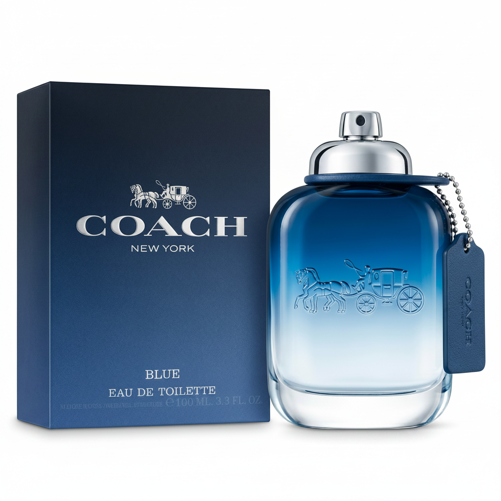 Coach New York Blue Eau de Toilette bottle and packaging on a white background