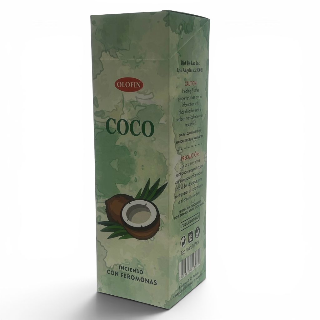 A tall rectangular box of Olofin Coco Incienso con Feromonas, featuring a light green and beige map-like background with an illustration of a halved coconut and green leaves.