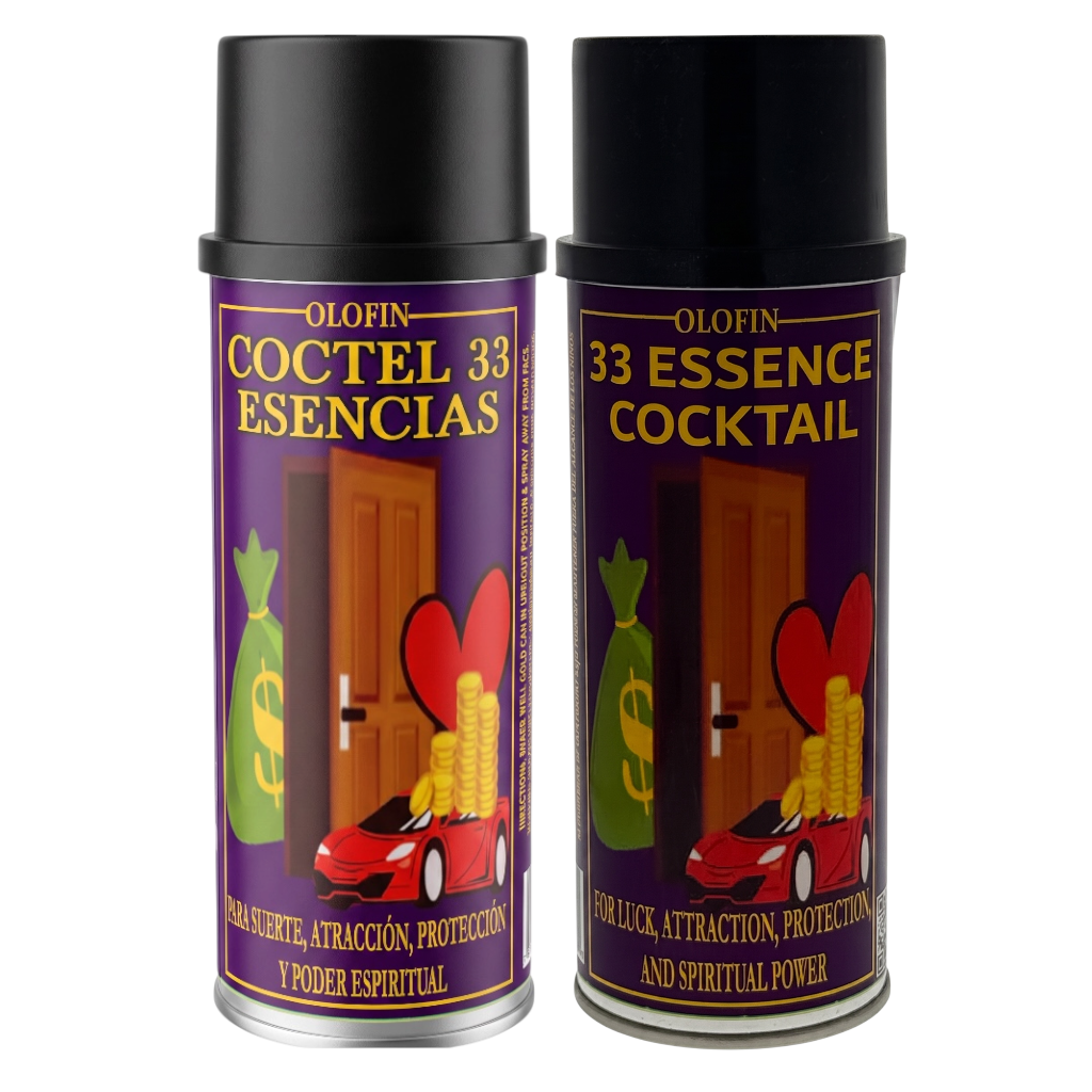 Two spray cans of Olofin 33 Esencia Cocktail (Essence Cocktail) on a plain white background. The cans have black caps and silver bases, with a purple label featuring a brown door, a green money sack, a red heart, and a red car with gold coins.