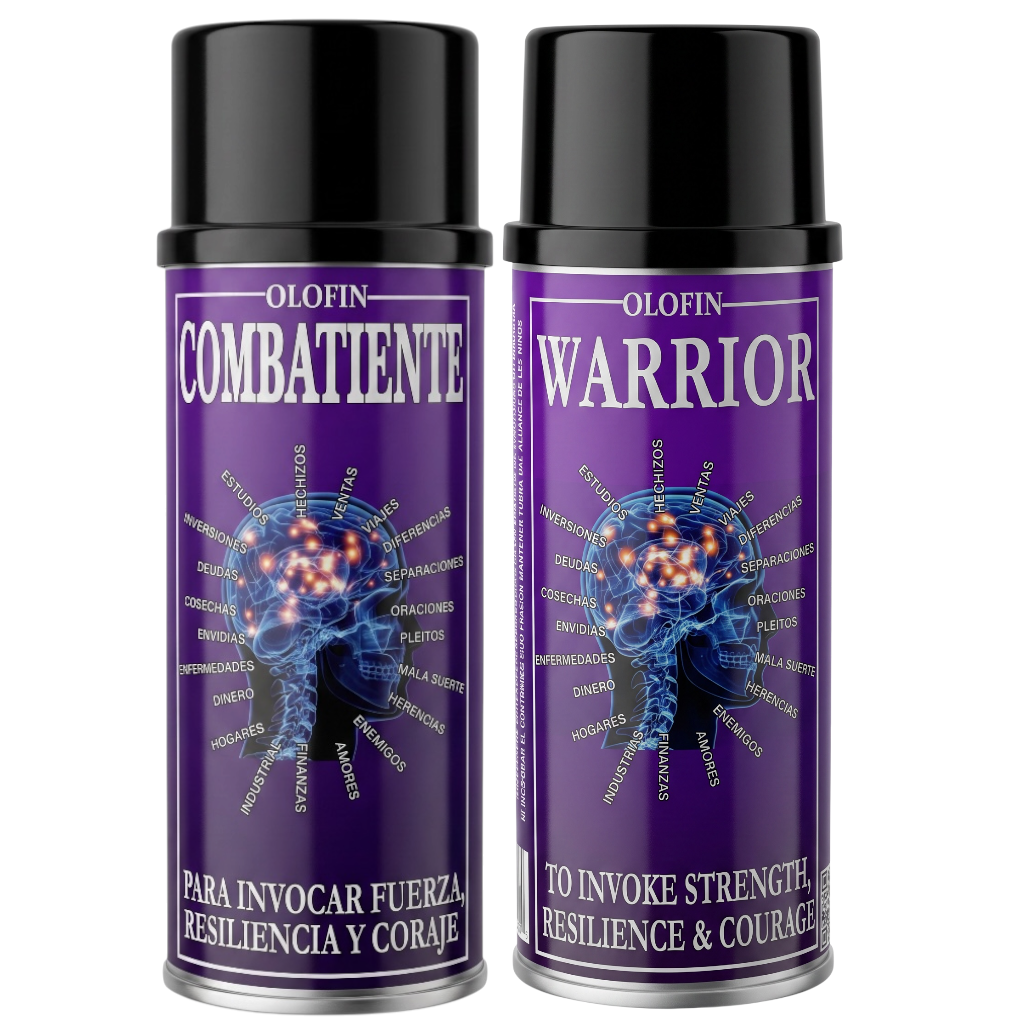 Two Olofin Warrior Combatante spray cans with black caps and purple labels, featuring a glowing human brain graphic, on a white background.