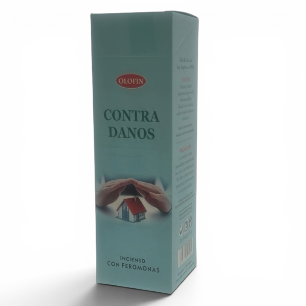 A tall rectangular box of Olofin Contra Danos incense with feromonas, featuring a light teal-green background with a red oval logo and an illustration of hands shielding a small house.