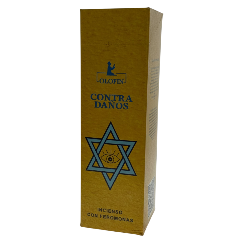 A tall rectangular golden-brown box for Olofin Contra Danos incense with feromonas, featuring a blue Star of David with an eye design and Spanish text, on a white background.