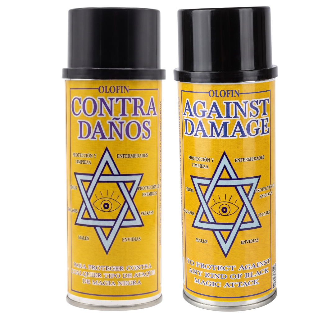Two Olofin Contra Daños / Against Damage spray cans with black caps and yellow labels, shown side by side on a white background.