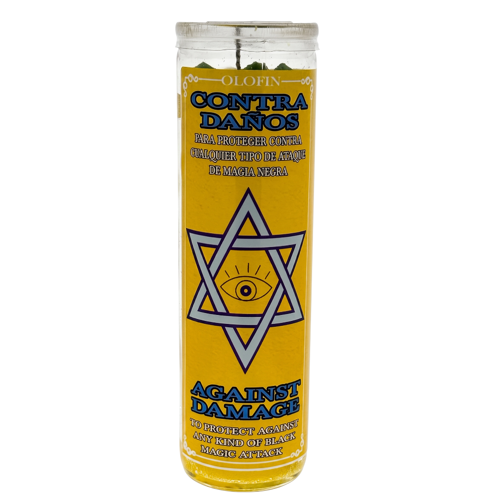 A tall glass prayer candle with a yellow label reading 'CONTRA DANOS' and 'AGAINST DAMAGE,' featuring a blue and white Star of David with an eye design. The candle is shown on a plain white background.