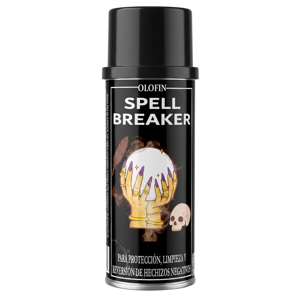 A black can of Olofin Spell Breaker, featuring a label with a crystal ball held by skeletal hands and a small skull graphic, on a plain white background.