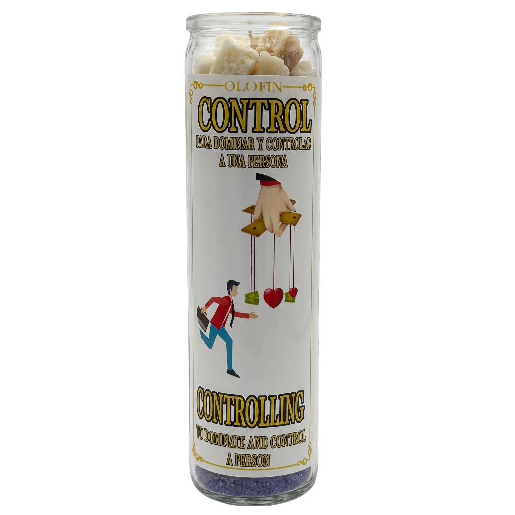 A tall clear glass jar candle labeled 'OLOFIN CONTROL / CONTROLLING' with illustrated graphics on a white label, shown on a plain white background.