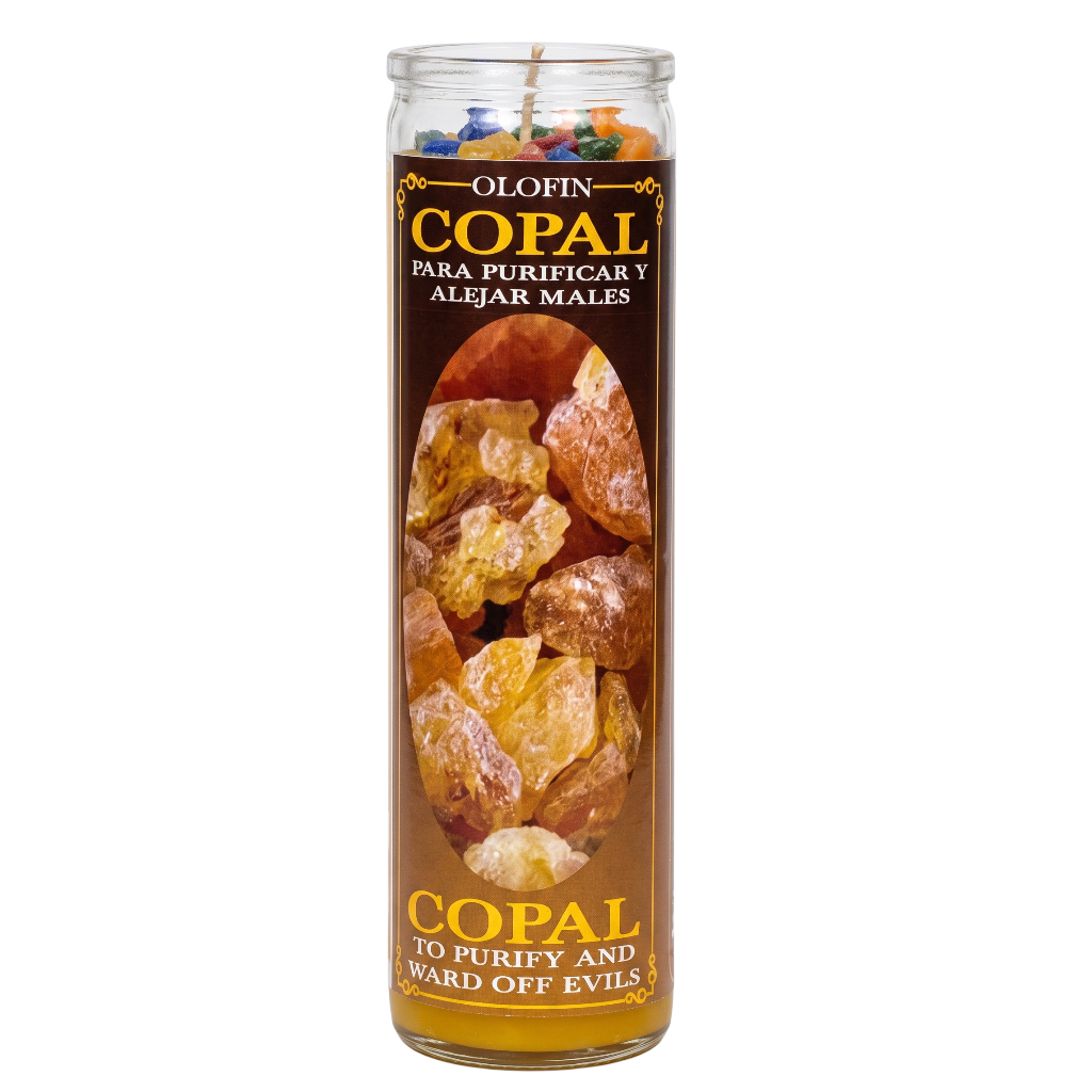 A tall glass jar candle labeled 'Olofin COPAL' with Spanish text 'Para purificar y alejar males' and 'Copal to purify and ward off evils.' The label shows amber and brown copal stones and a wick at the top, photographed on a plain white background.