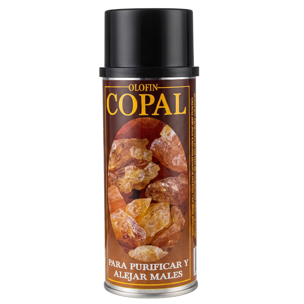 A single aerosol can of Olofin Copal essential oil or fragrance product on a plain white background. The can has a black cap and a brown label featuring the brand name OLOFIN, the word COPAL in large gold letters, and a photo of amber crystals.