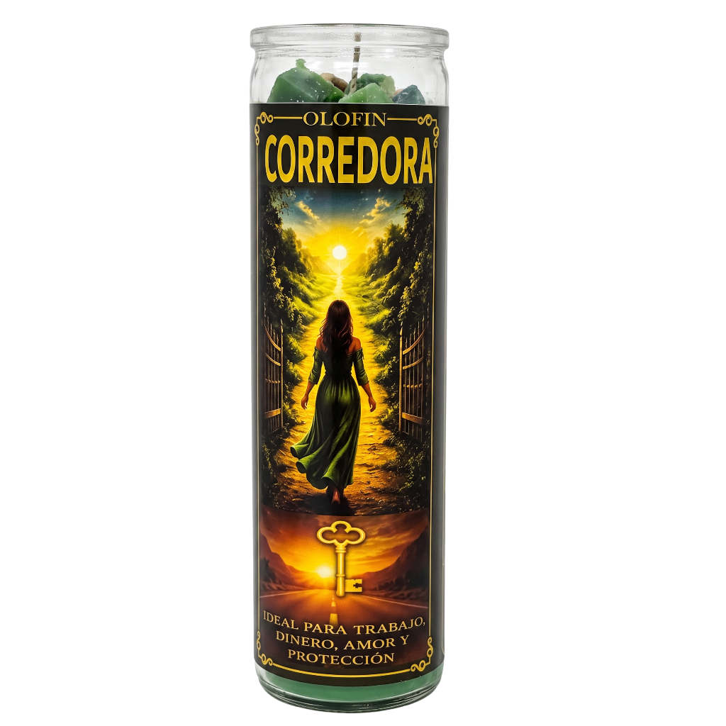 A tall glass jar candle labeled 'Olofin Corredora' with a dark label showing a woman walking through a glowing golden corridor and a large key graphic. The candle is photographed on a plain white background.