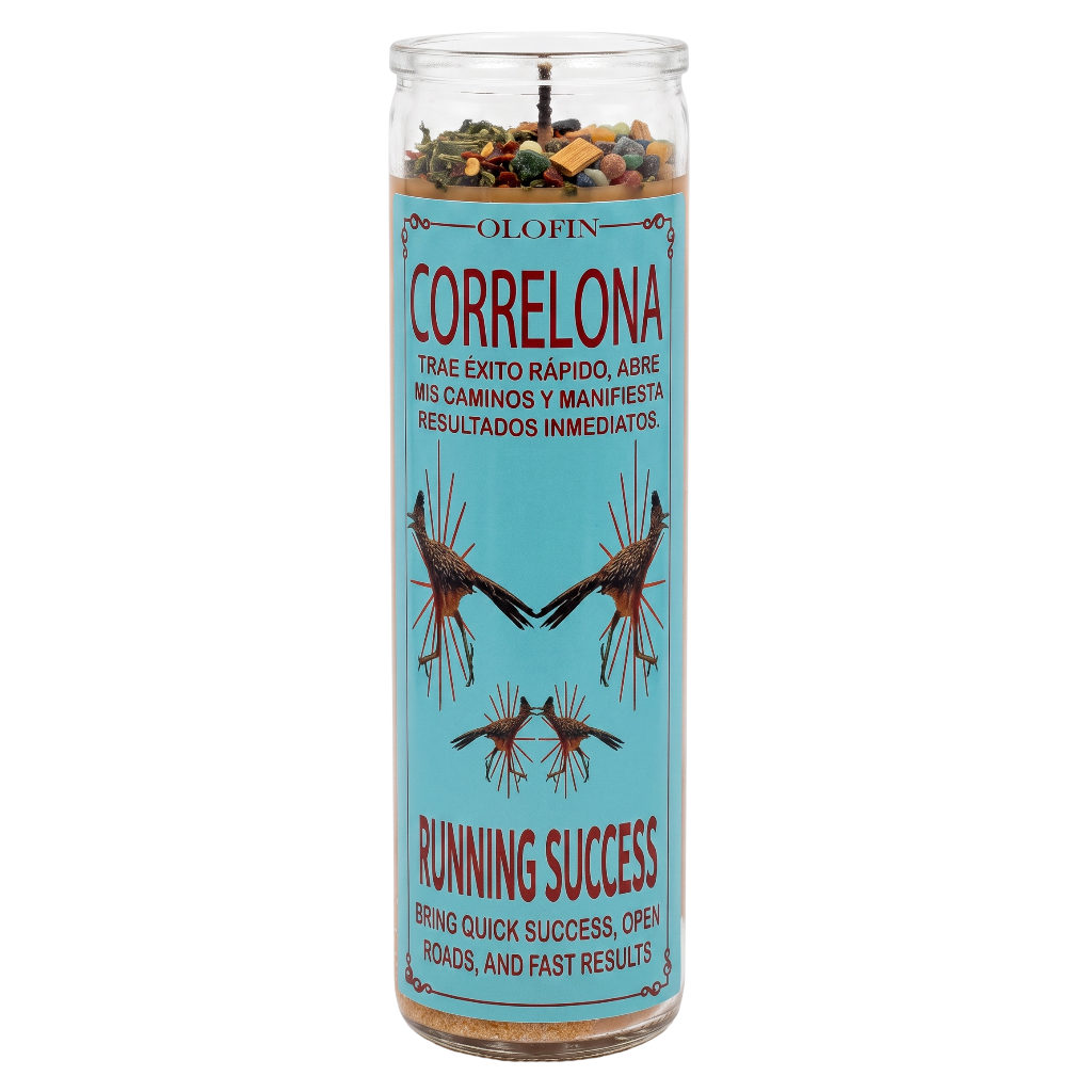 A tall glass jar candle with a turquoise label reading 'OLOFIN CORRELONA RUNNING SUCCESS' and featuring bird illustrations, shown on a plain white background.
