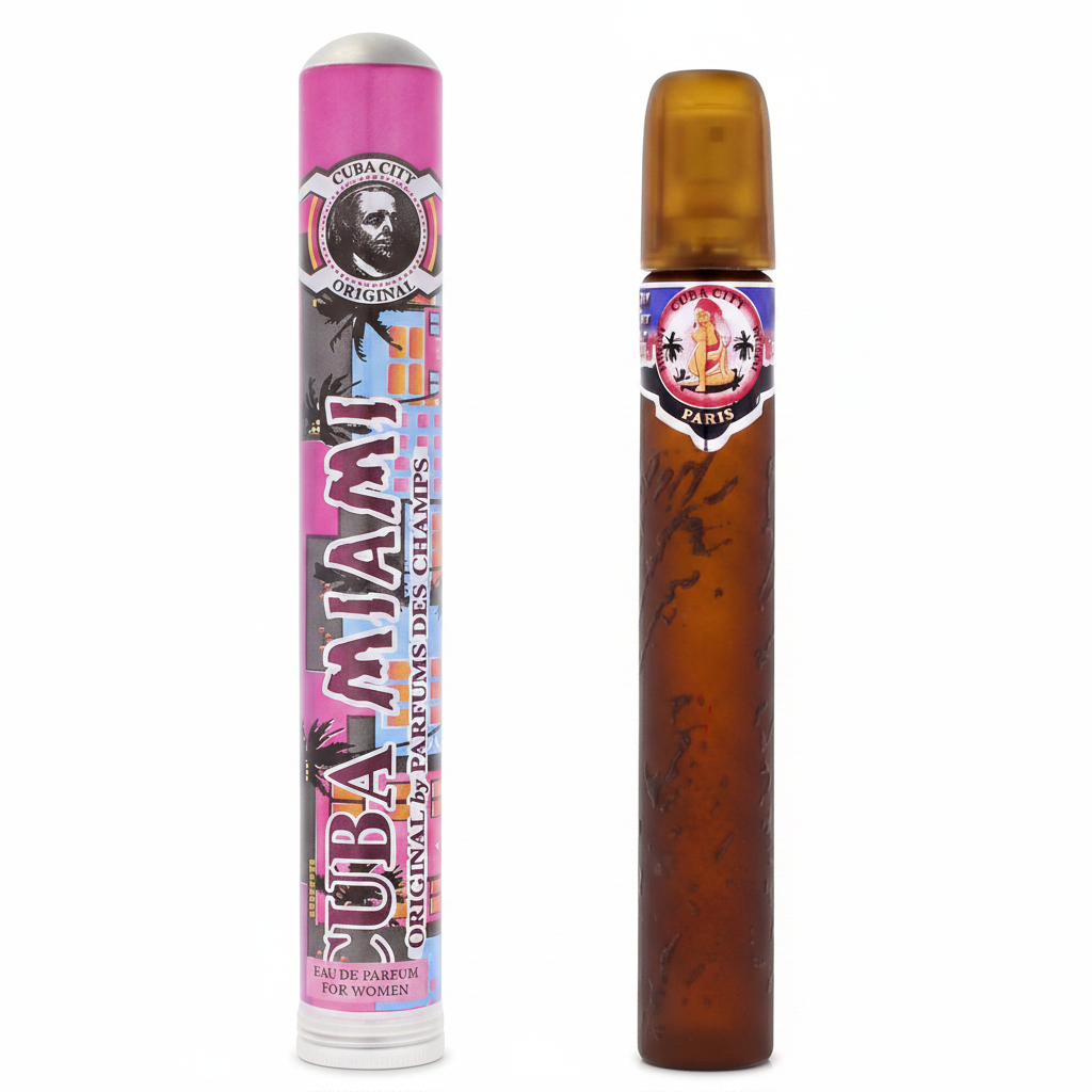 Two Cuba City perfume bottles, one pink and one brown, on a white background.