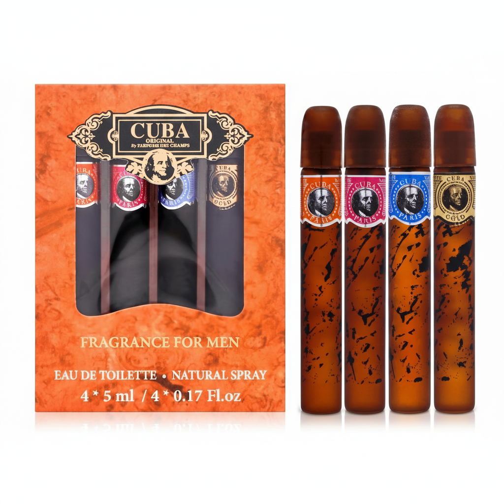 Cuba fragrance set for men with packaging and four bottles displayed.