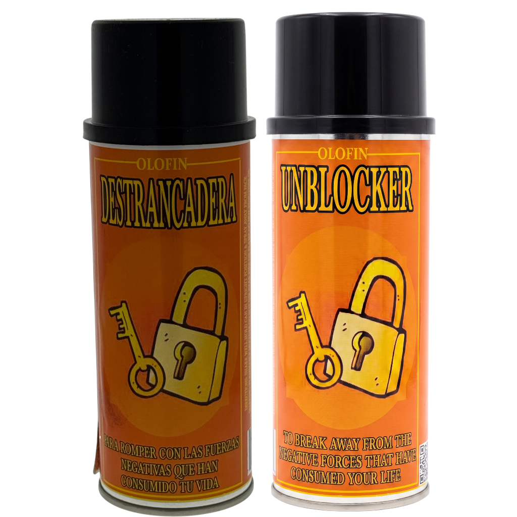 Two Olofin spray cans labeled 'DESTRANCADERA' and 'UNBLOCKER' with orange labels, black caps, and yellow lock illustrations on a white background.