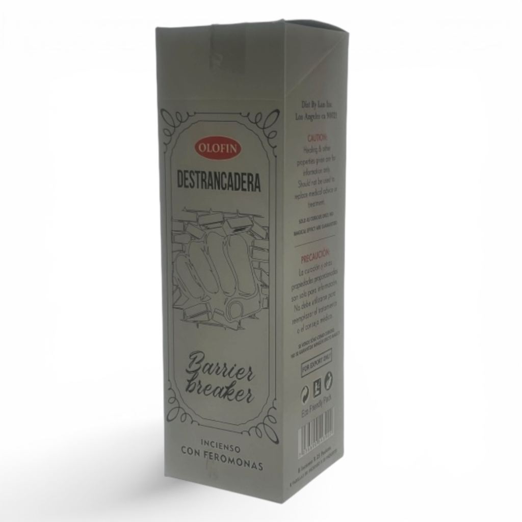 A tall rectangular product box for Olofin Destrancadera incense with feromonas, shown standing upright on a white background.