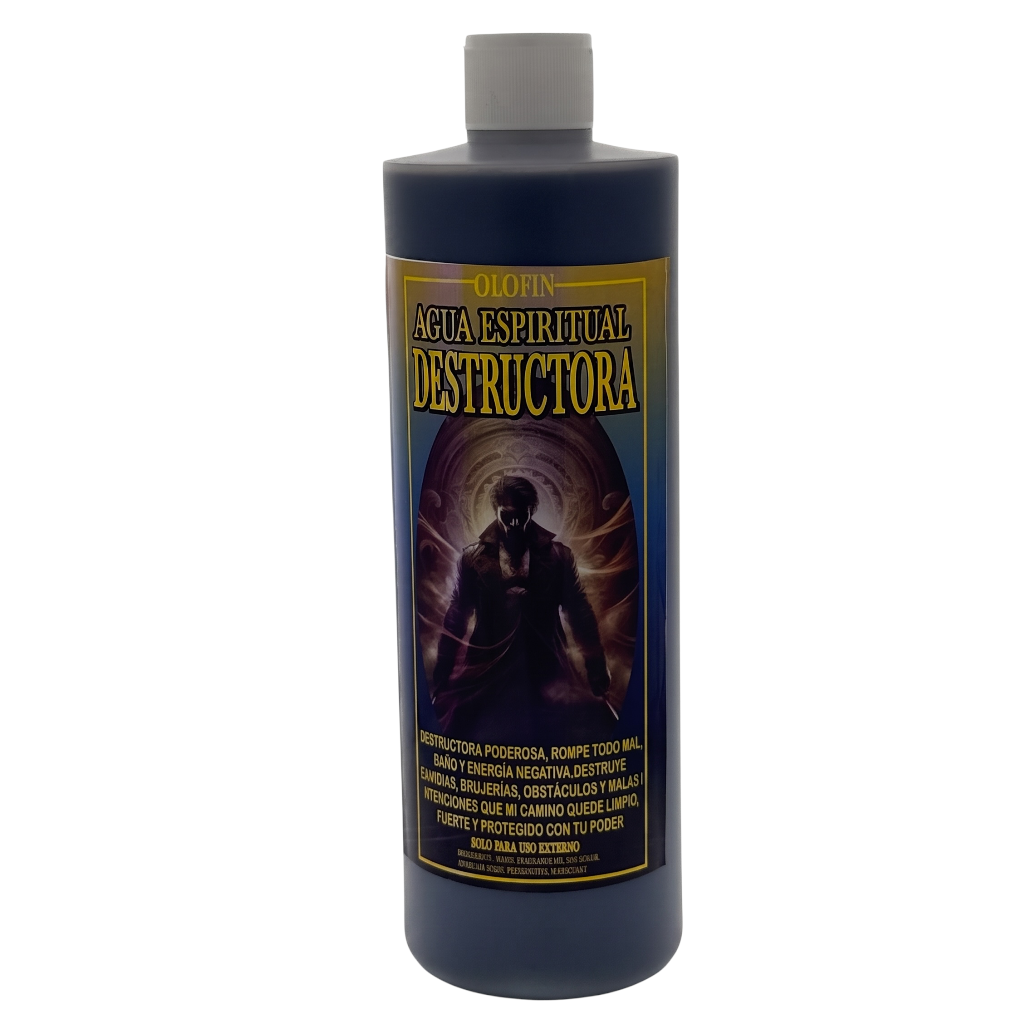 A dark blue plastic bottle of Olorin Agua Espiritual Destructora spiritual cleaner with a black and gold label featuring a dark figure illustration.
