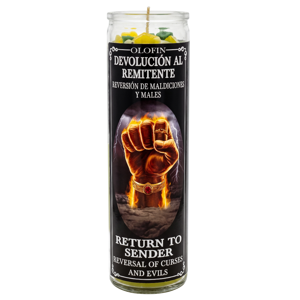 A tall glass jar candle with a black label featuring a raised clenched fist with flames and the text 'OLOFIN DEVOLUCIÓN AL REMITENTE' and 'RETURN TO SENDER' on a white background.