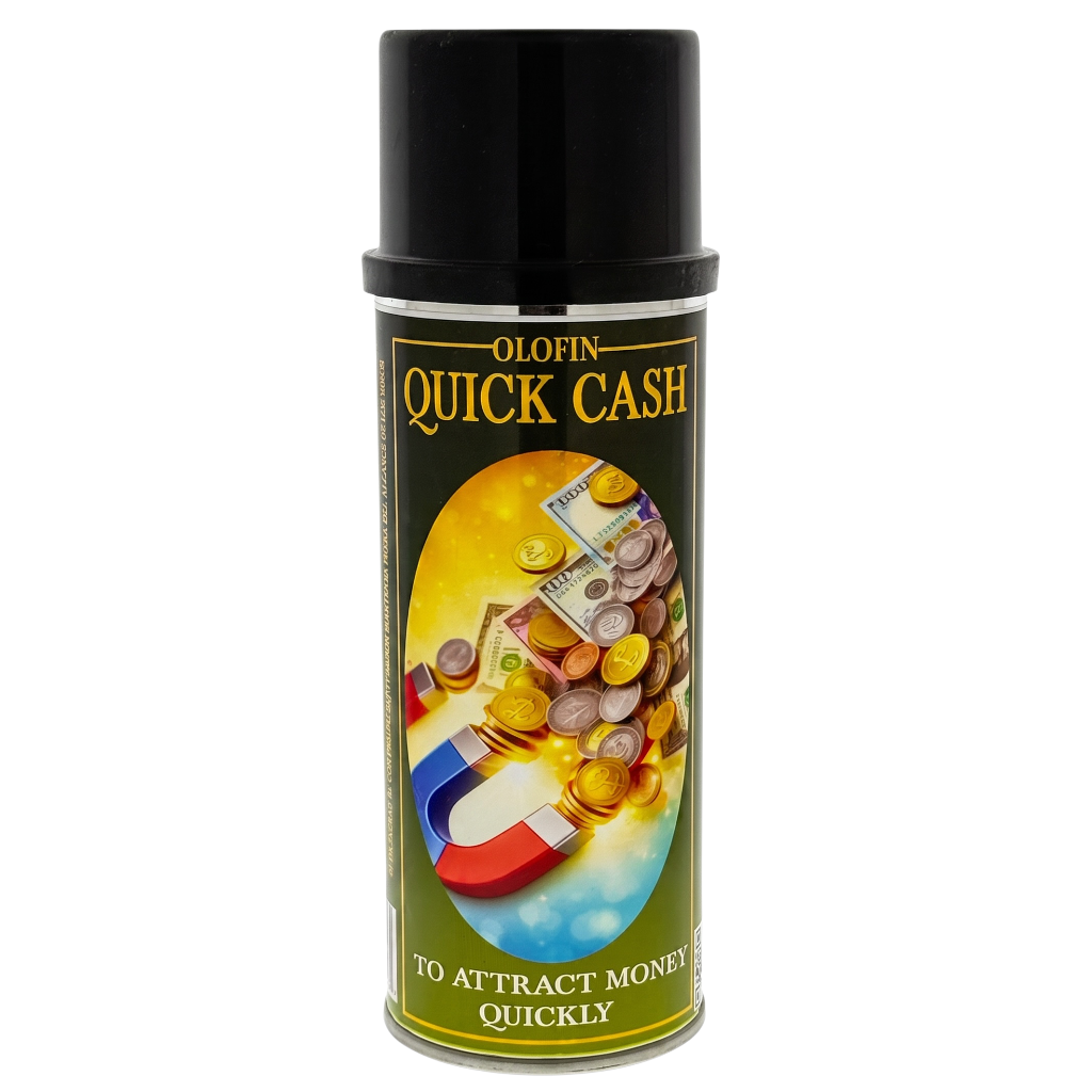 A can of Olofin Quick Cash, featuring a black cap and a label with a gold, yellow, and green background, showing an illustration of money and coins attracted by a magnet.