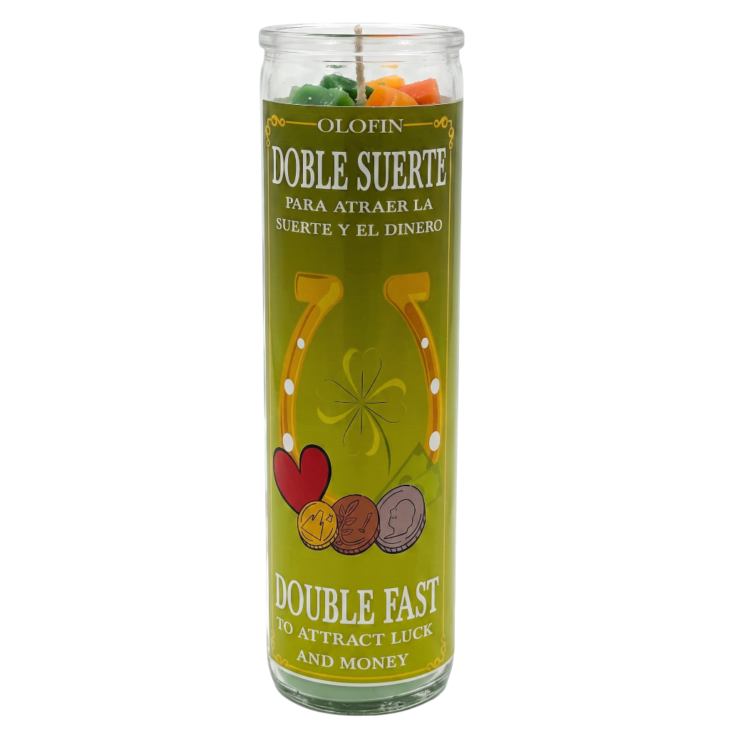 A tall glass jar candle with a green label reading 'Olofin Doble Suerte' and 'Double Fast' in English, featuring illustrations of a horseshoe, hearts, and coins, on a white background.