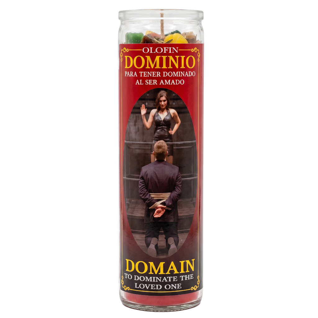 A tall glass prayer candle with a red printed label featuring the text 'Olofin Dominio' and 'Para Tener Dominado Al Ser Amado' with an illustration of a man and woman, on a white background.