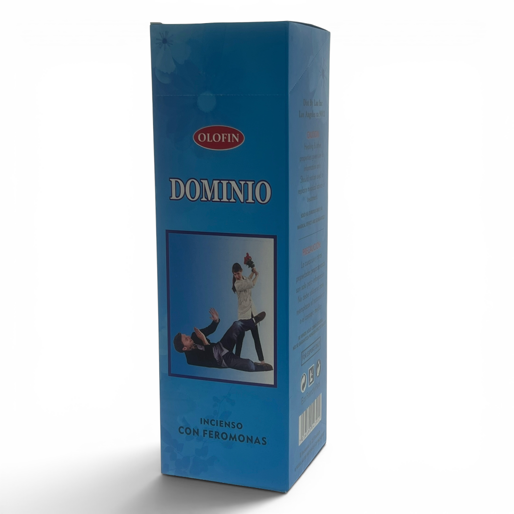 A tall blue rectangular product box for Olofin Dominio incienso con feromonas, featuring a photo of a couple on the front, set against a plain white background.