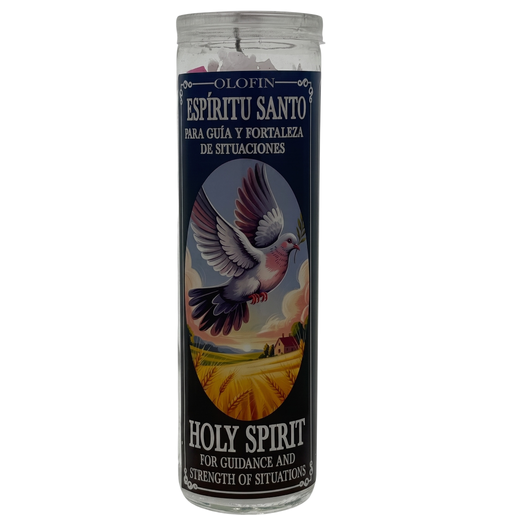 A tall glass jar candle labeled 'Olofin Espíritu Santo' with a dark blue label featuring a dove over a golden landscape. The candle is photographed on a plain white background.