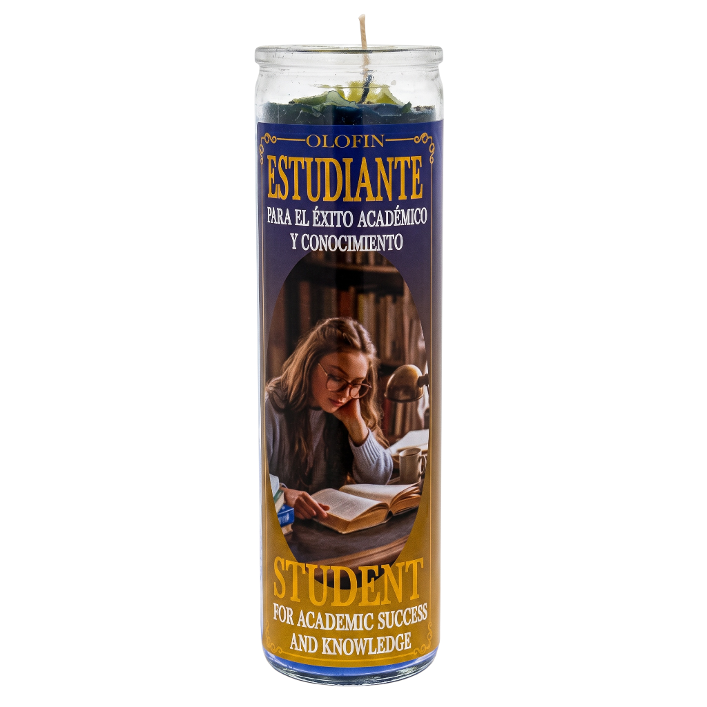 A tall glass prayer candle with a dark blue and gold label reading 'Olofin Estudiante' and 'Student for Academic Success and Knowledge,' featuring a photo of a girl studying. The candle is shown upright on a plain white background.