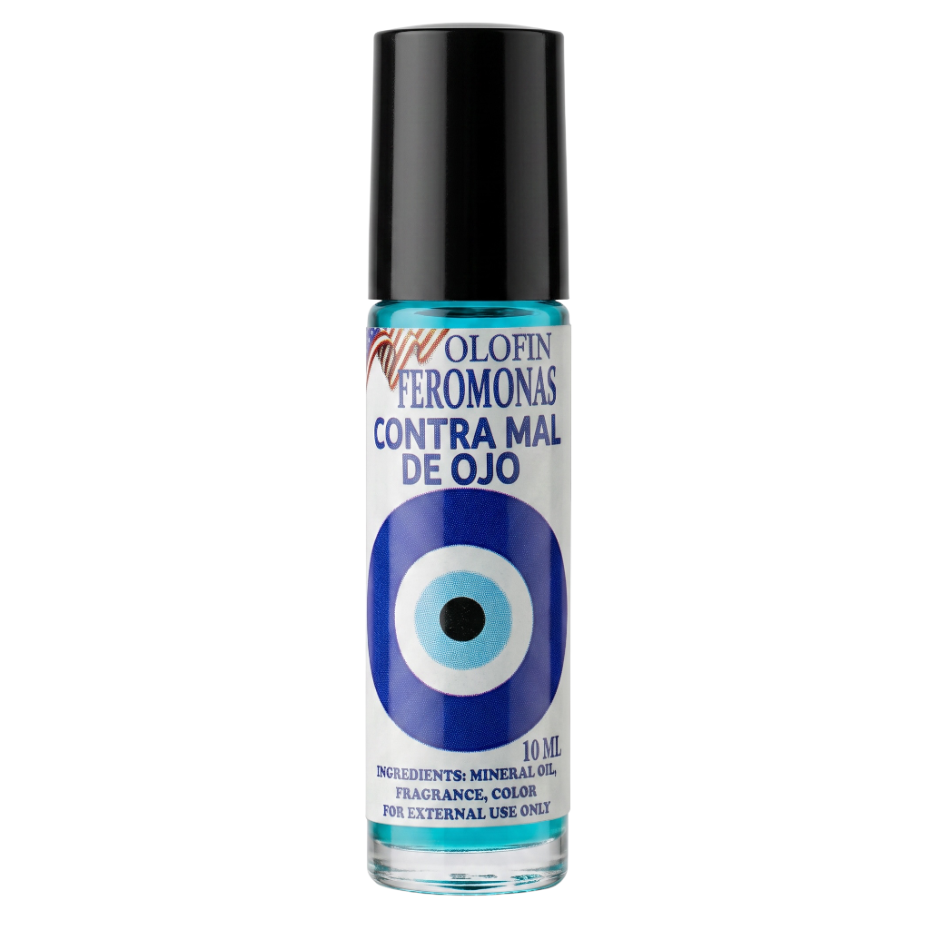A 10 ml roll-on bottle of Olofin Feromonas Contra Mal de Ojo (evil eye pheromone) with a black cap, blue liquid inside, and a white label featuring a blue and white evil eye graphic.