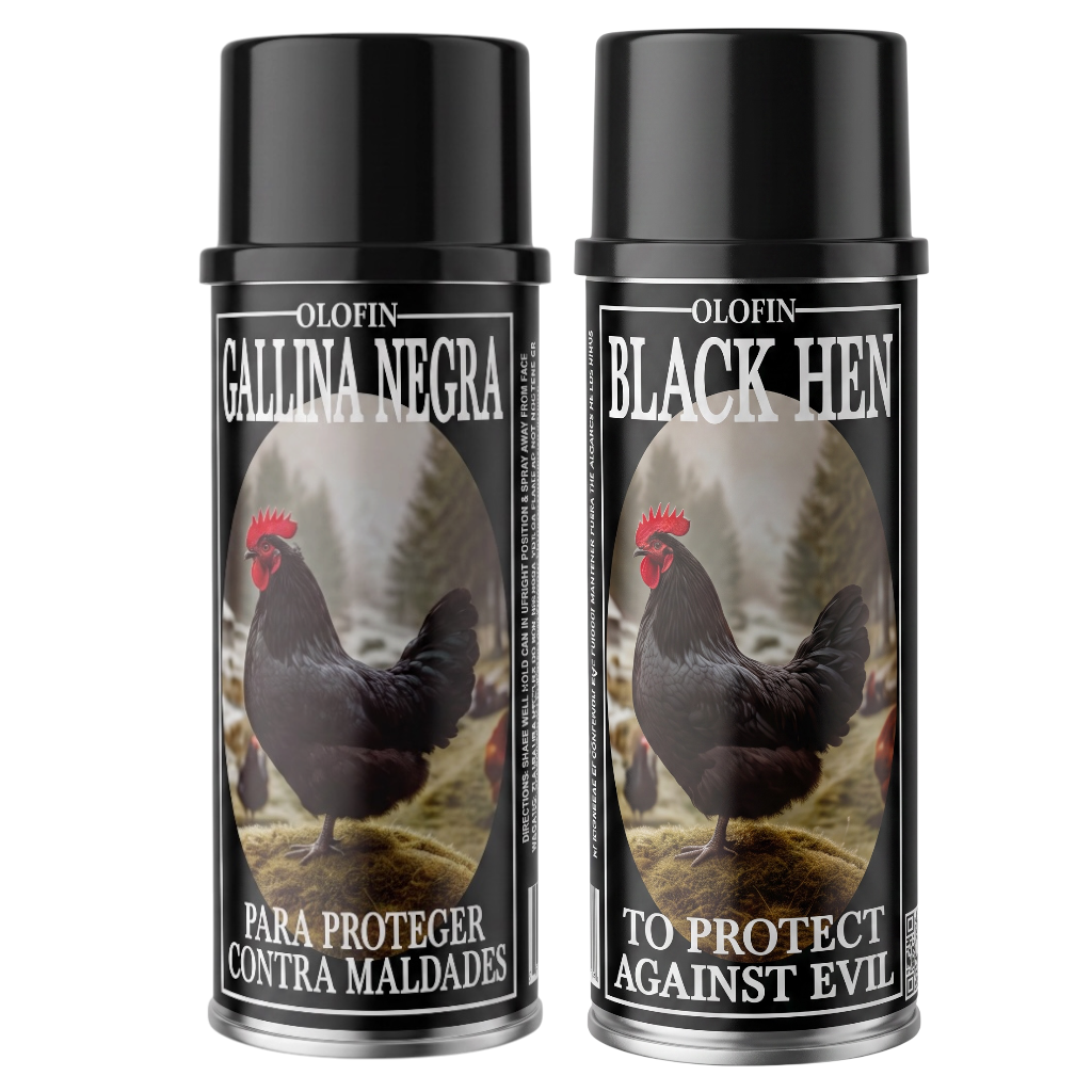 Two black spray cans of Olofin Gallina Negra (Black Hen) egg-laying booster and egg protector, featuring a graphic of a black hen with a red comb on a forest background.