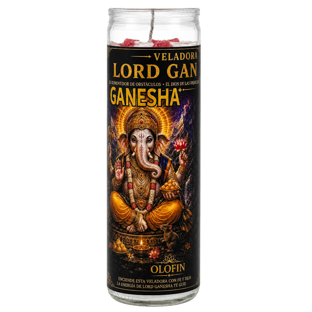 A tall glass prayer candle with a black label featuring an illustration of Lord Ganesha. The label reads 'VELADORA LORD GANESHA' and 'GANESHA' in large gold lettering, with 'Olofin' at the bottom.