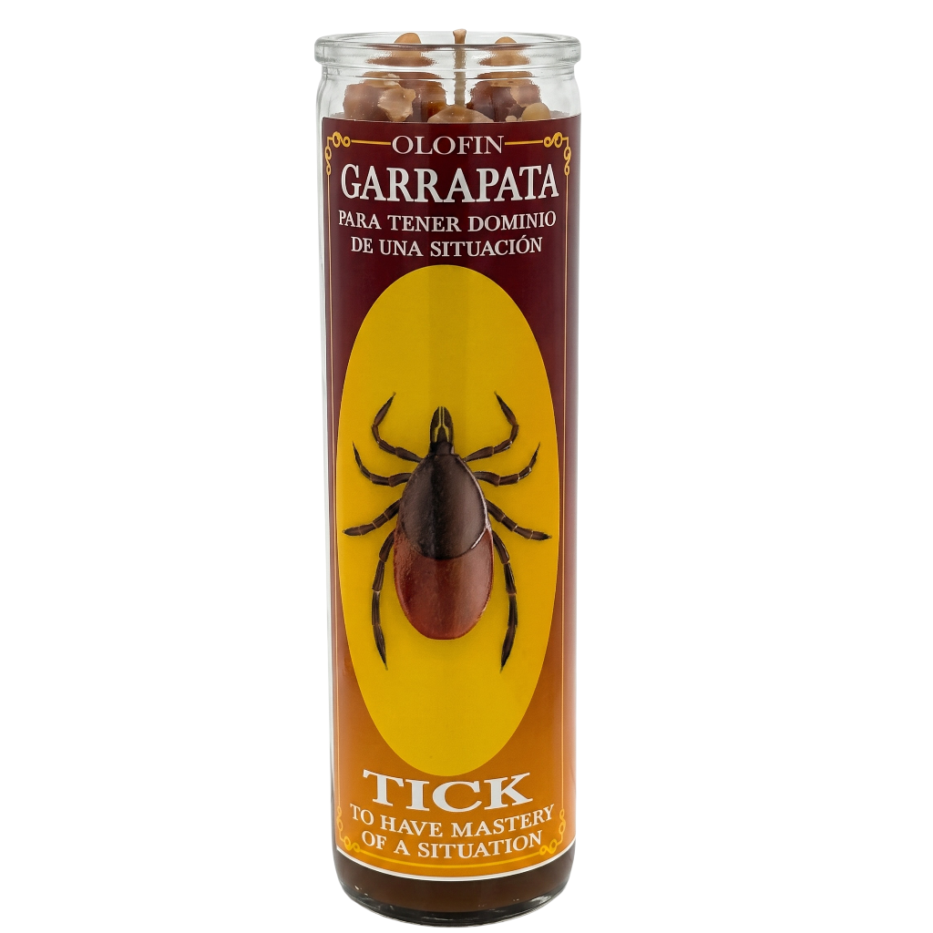 A tall glass jar candle labeled 'Olofin Garrapata' with a large yellow oval and black spider graphic on the front, shown on a plain white background.