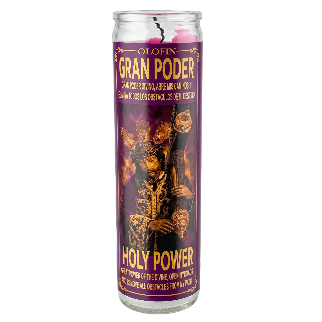 A tall glass jar candle with a purple and gold label reading 'OLIN GRAN PODER' and 'HOLY POWER,' featuring an illustrated figure holding a staff, on a plain white background.
