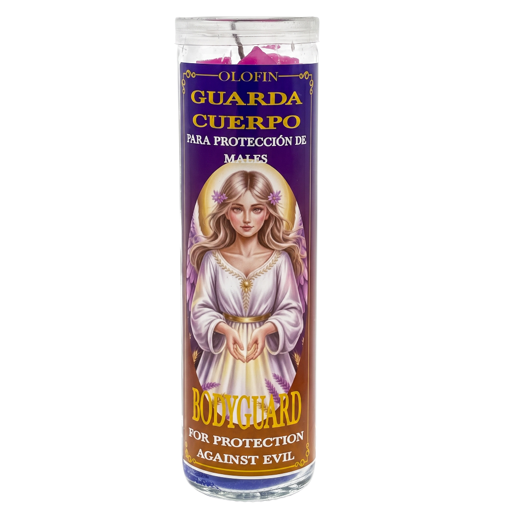 A tall glass prayer candle with a purple label featuring an illustrated angelic female figure and Spanish text reading 'Olofin Guarda Cuerpo Para Protección De Males' and 'Bodyguard For Protection Against Evil.'.