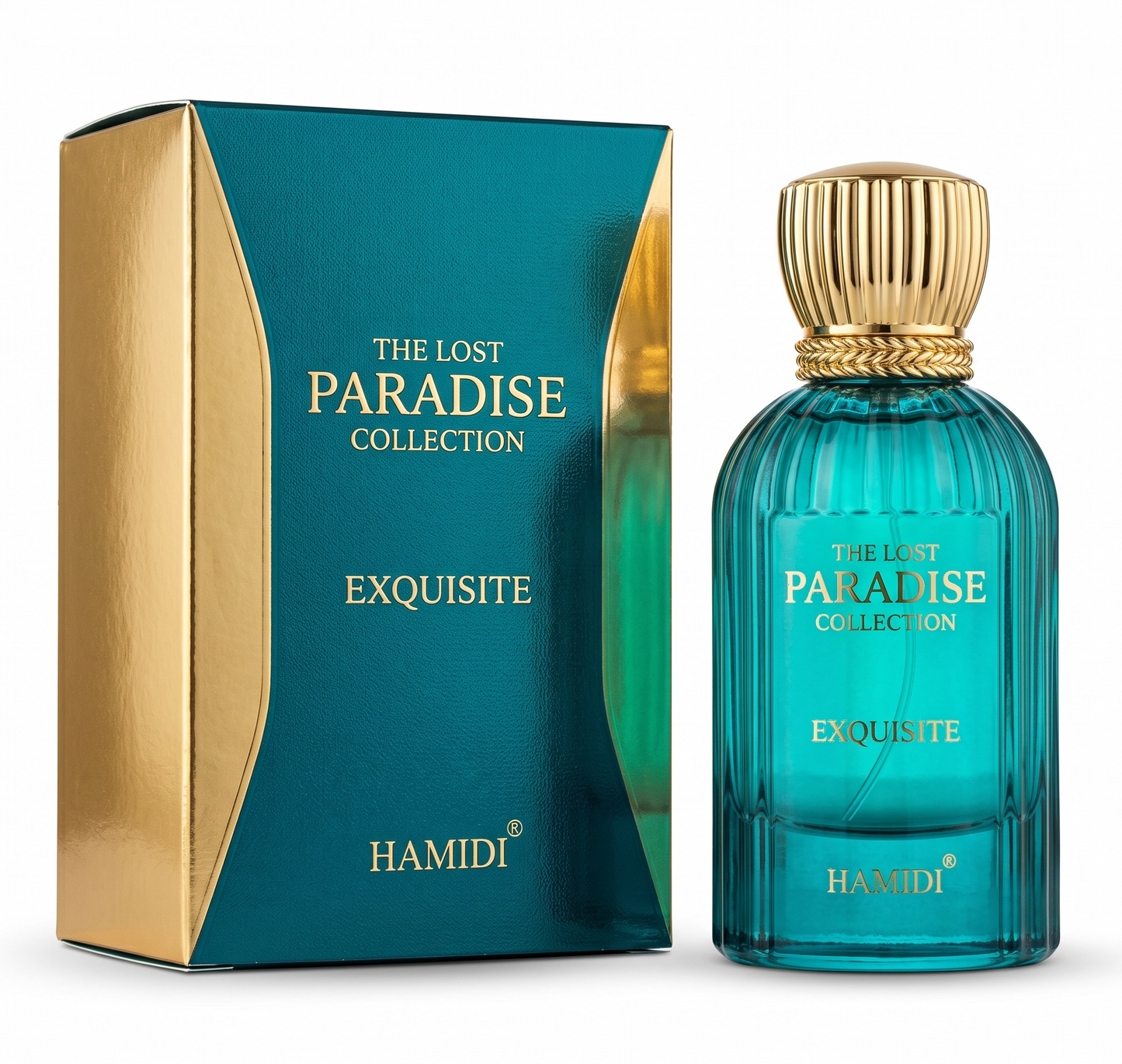 Hamidi The Lost Paradise Collection Exquisite perfume bottle and packaging on a white background