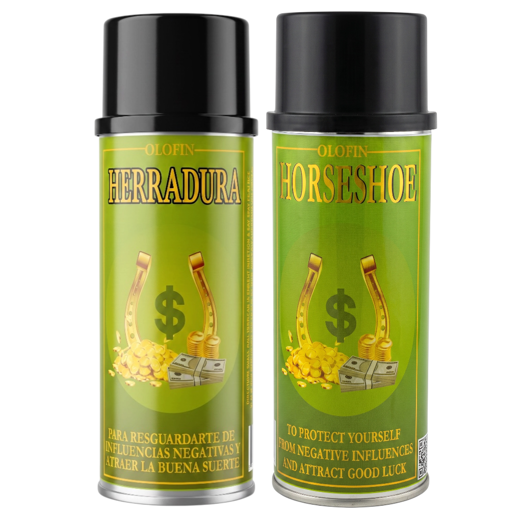 Two Olofin brand spray cans with black caps on a white background. The cans are lime green with gold lettering that reads 'OLOFIN HERRADURA' and 'OLOFIN HORSESHOE', featuring illustrations of gold coins, stacks of money, and gold horseshoes.