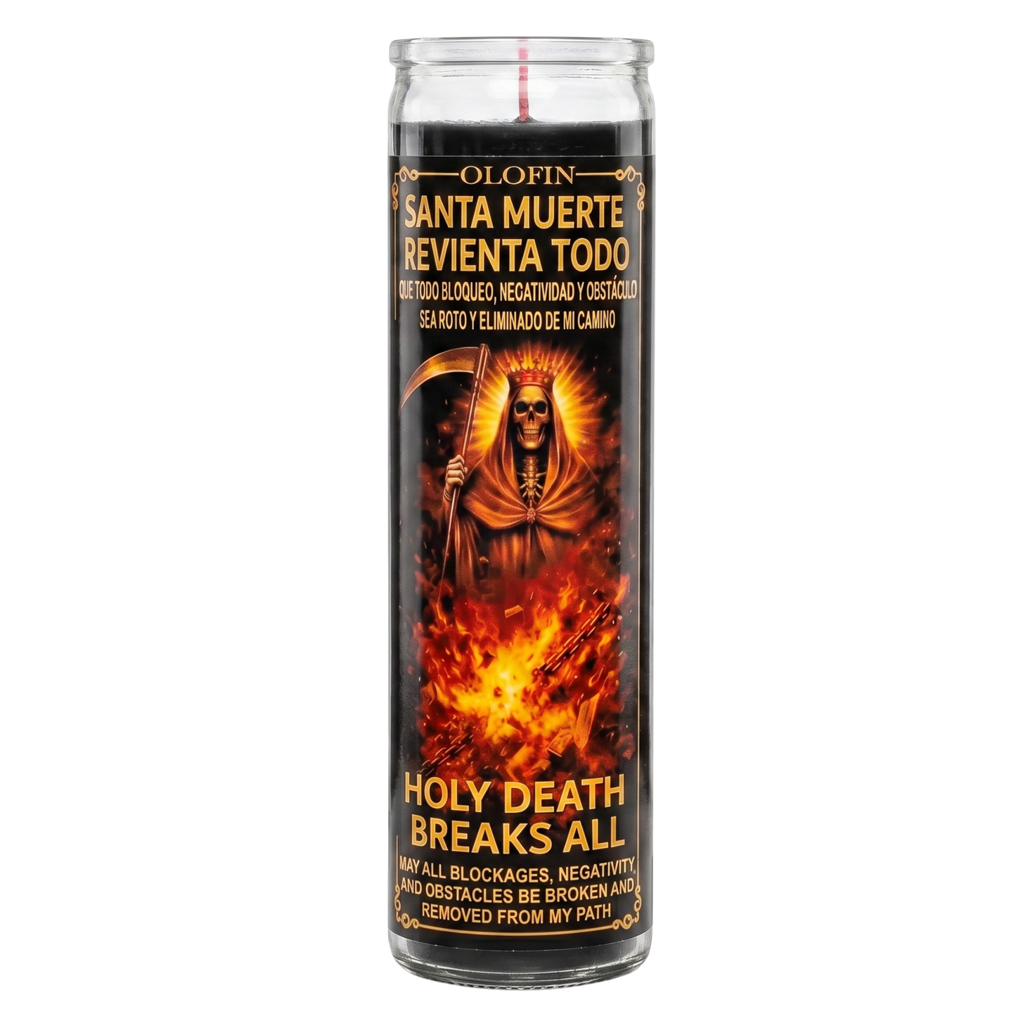 Santa Muerte Reventa Todo (Holy Death Breaks All) Prepared Ritual Candle Perfumed Vela Preparada