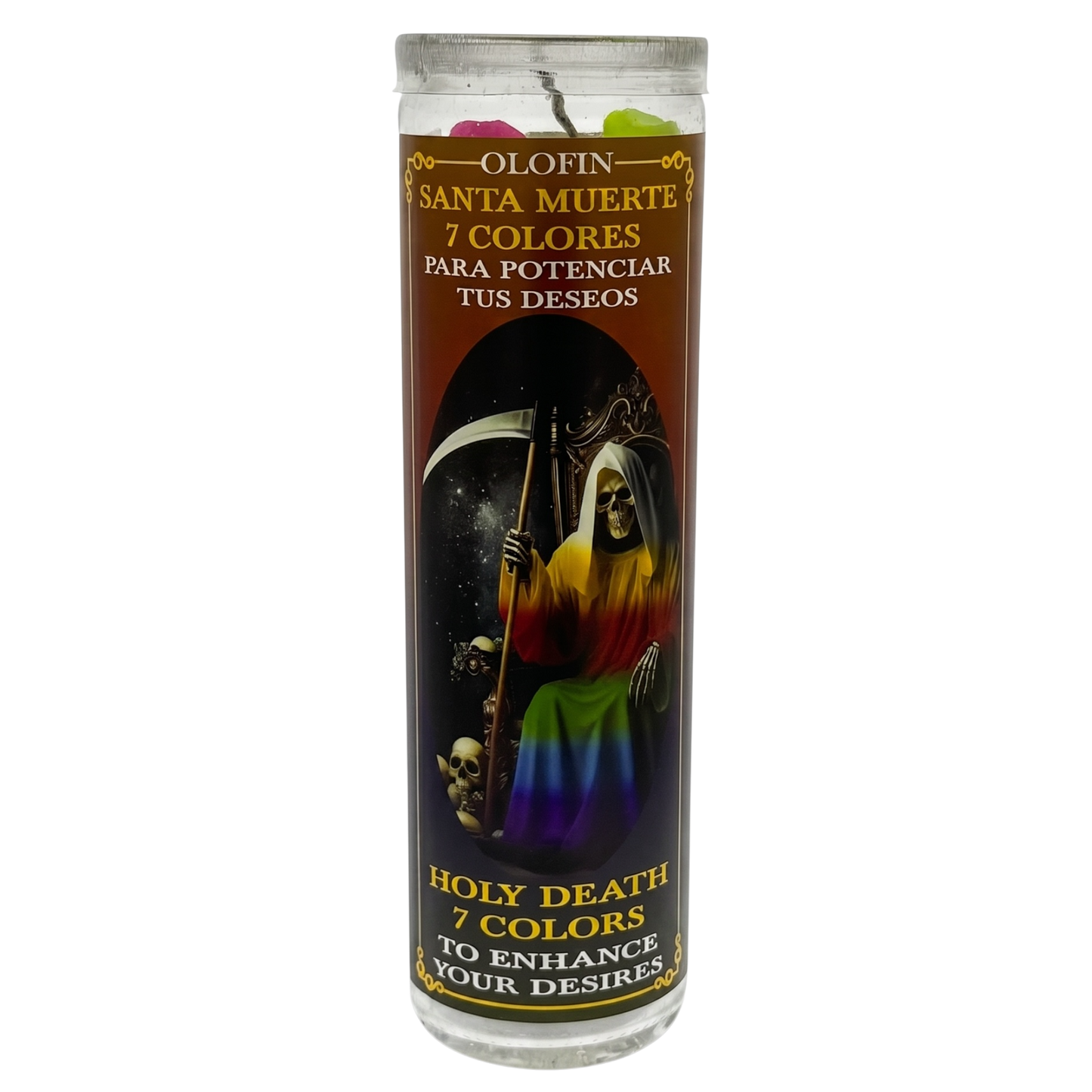 Santa Muerte 7 Colores (Holy Death 7 Colors) Prepared Ritual Candle Perfumed Vela Preparada
