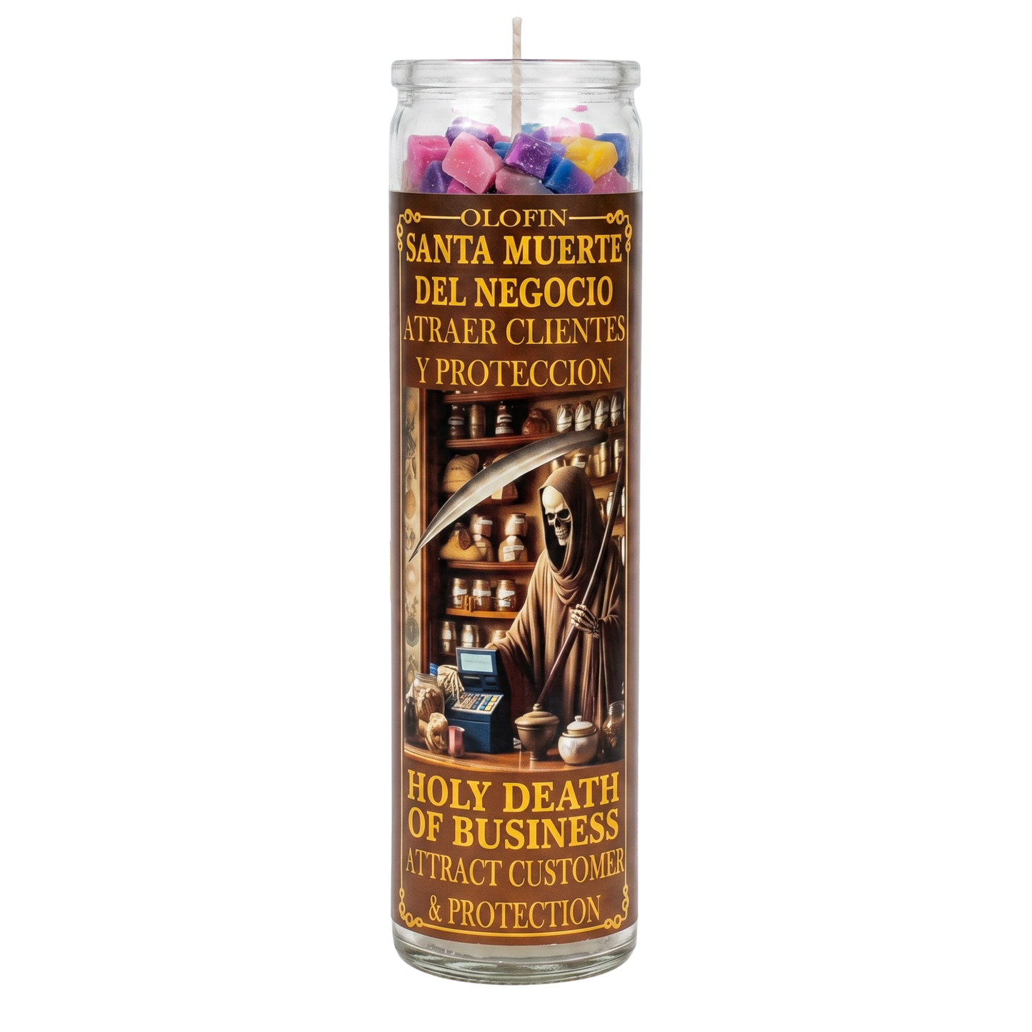 Santa Muerte Del Negocio (Holy Death of Business) Prepared Ritual Candle Perfumed Vela Preparada