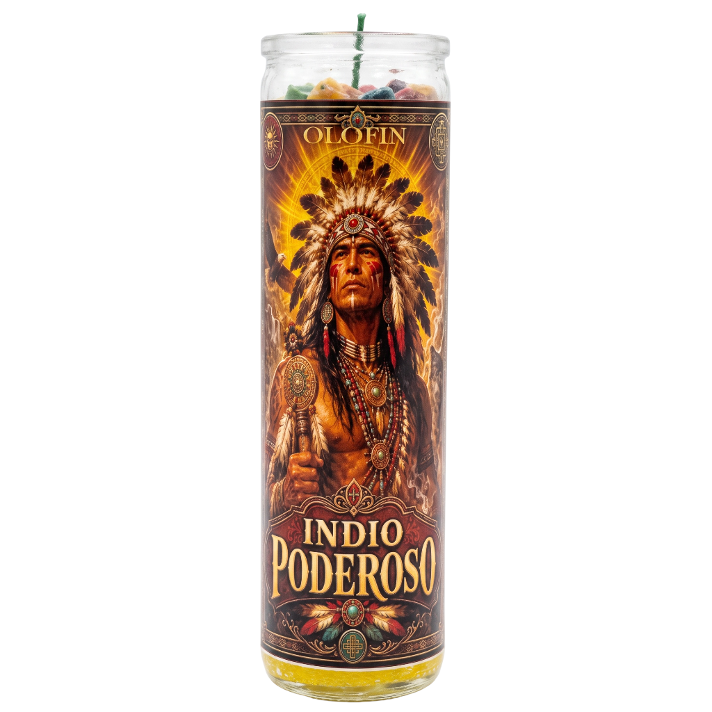 A tall glass jar candle with a printed label featuring an illustrated Native American figure and the text 'OLOFIN' and 'INDIO PODEROSO', shown on a plain white background.