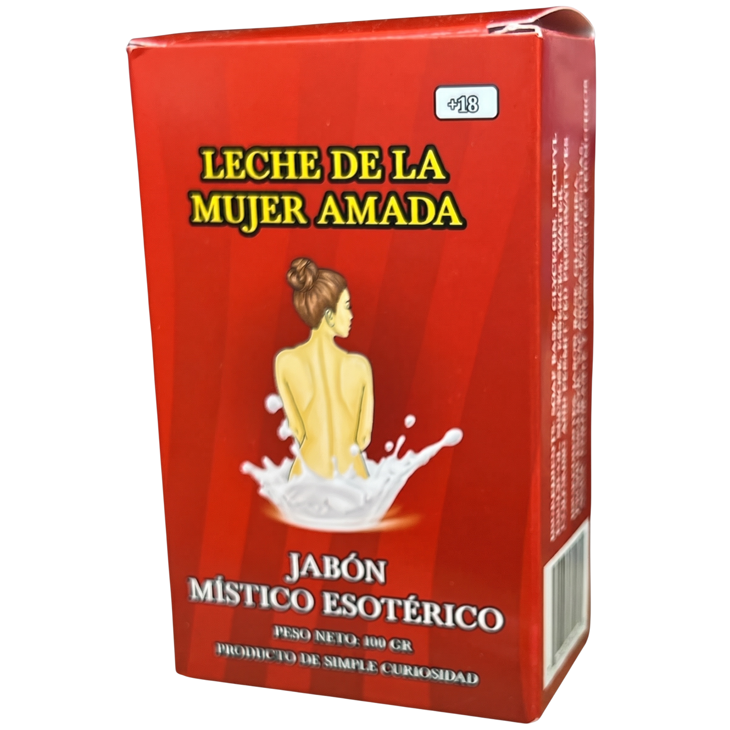 Red soap packaging with a woman in milk and text on a white background