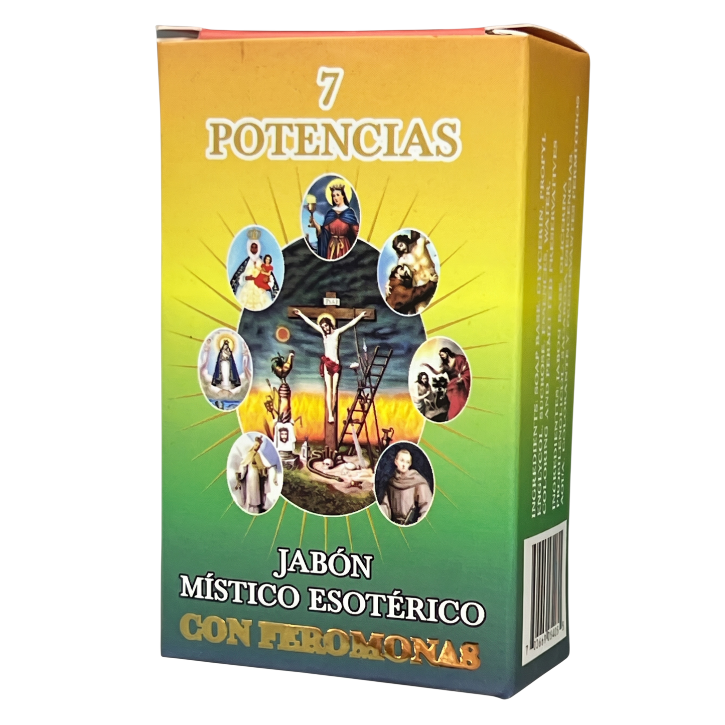 Box of '7 Potencias' mystical esoteric soap with religious imagery on a white background