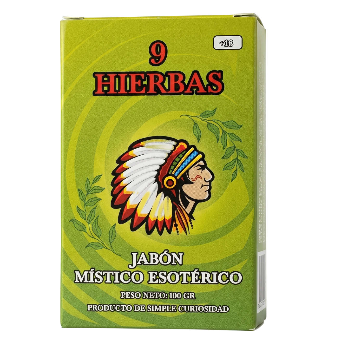 A green box of '9 HIERBAS' Místico Esotérico Jabón, featuring a graphic illustration of an indigenous man wearing a feathered headdress on the front, set against a plain white background.