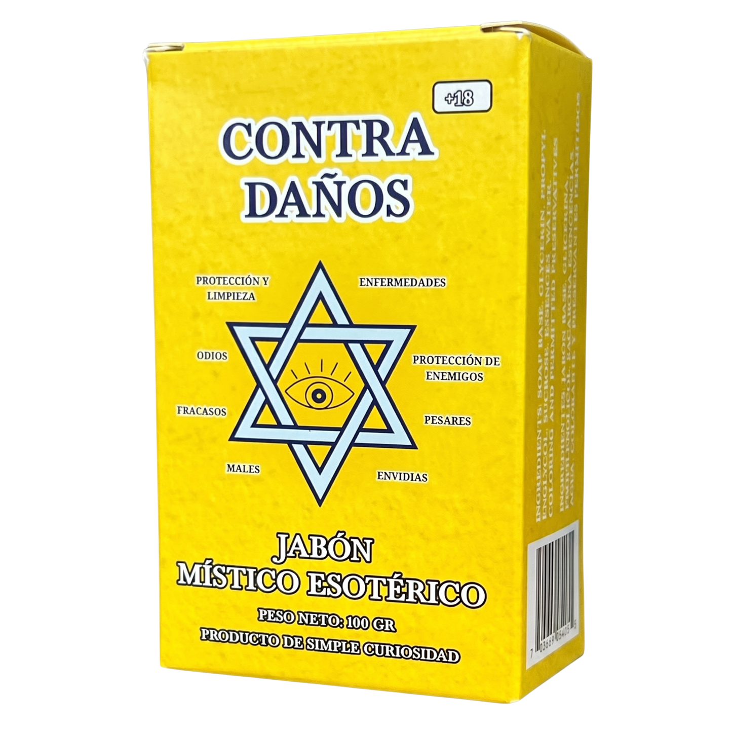A yellow box of 'CONTRA DAÑOS' magical/esoteric soap, featuring a blue Star of David with an eye in the center and Spanish text, isolated on a white background.