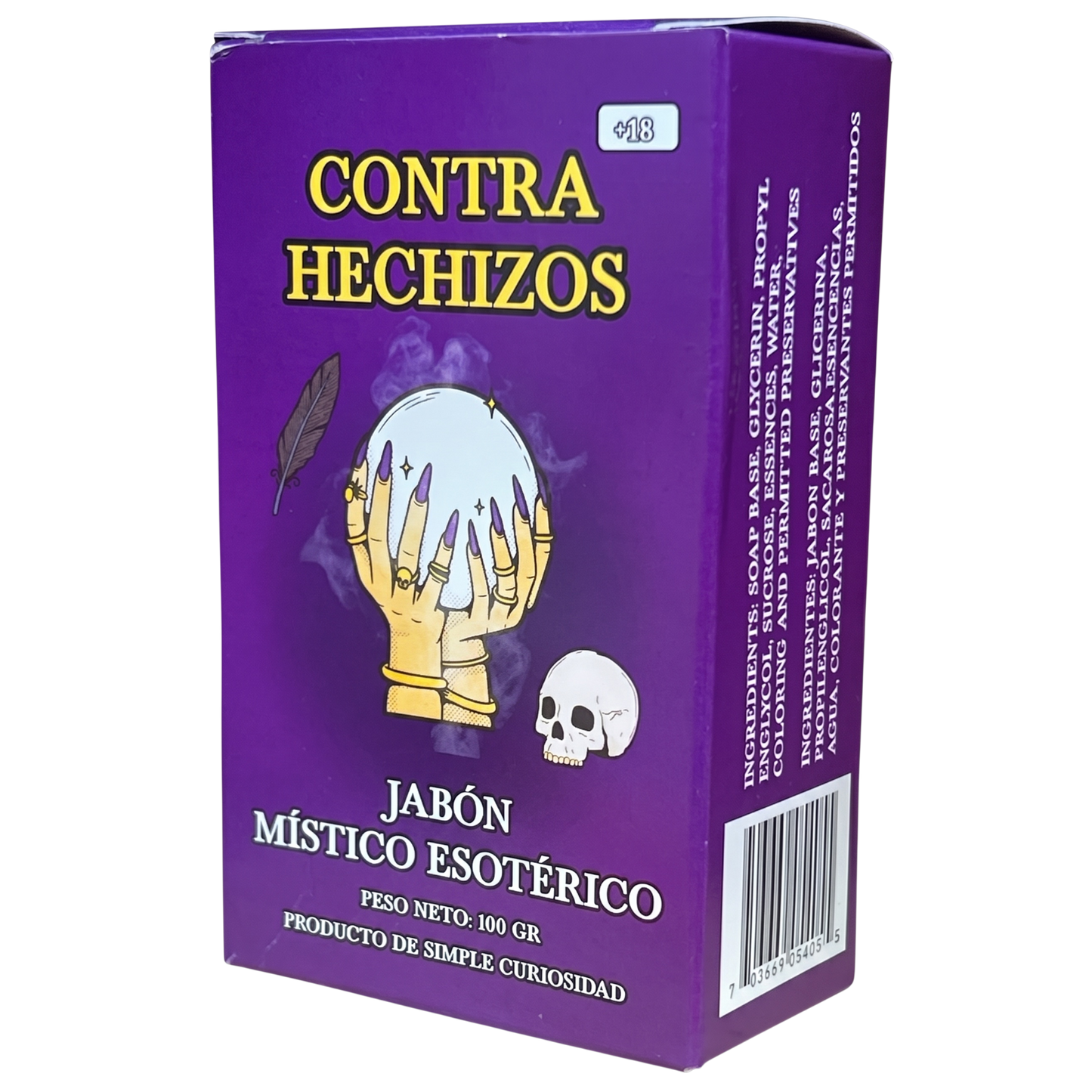 Purple soap packaging with a hand holding a skull and text in Spanish on a white background