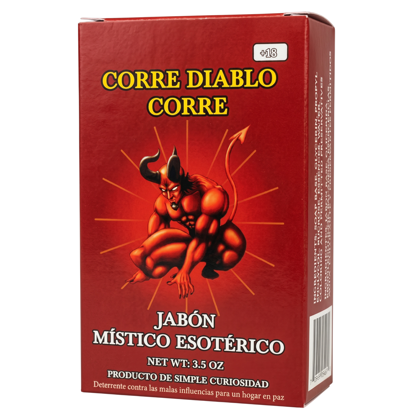 A red rectangular box of 'Corre Diablo Corre' (Run Devil Run Back) esoteric magic soap, featuring a graphic of a muscular red devil sitting in a crouched position with radiating yellow lines. The Spanish text 'JABÓN MÍSTICO ESOTÉRICO' is printed in white below the graphic.