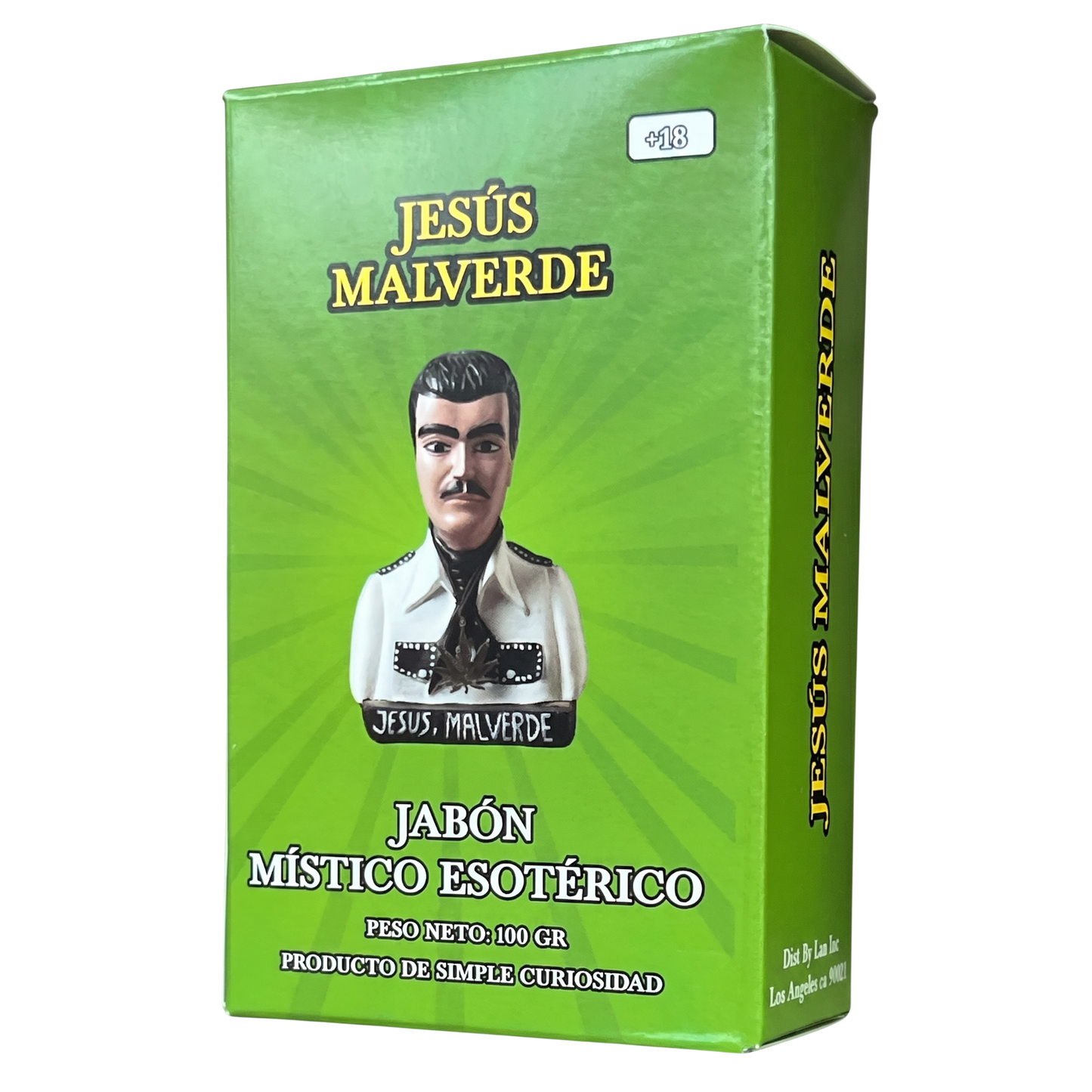 Green box of Jesús Malverde soap with a portrait on a white background