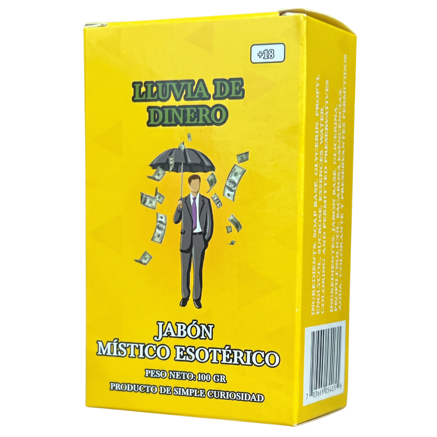 Yellow box with a graphic of a person under an umbrella with money falling, on a white background.